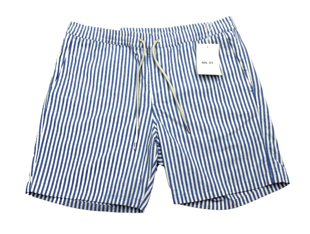 NN.07 Gregor Sweat Shorts Mens XL Blue Stripe Cotton Blend Drawstring Waist